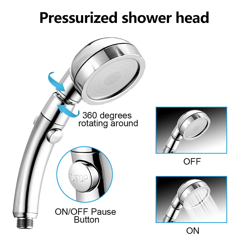 

Hot Handheld Shower Head High Pressure Chrome 3 Spary Setting with ON/OFF Pause Switch Water Saving Adjustable Luxury Spa Det