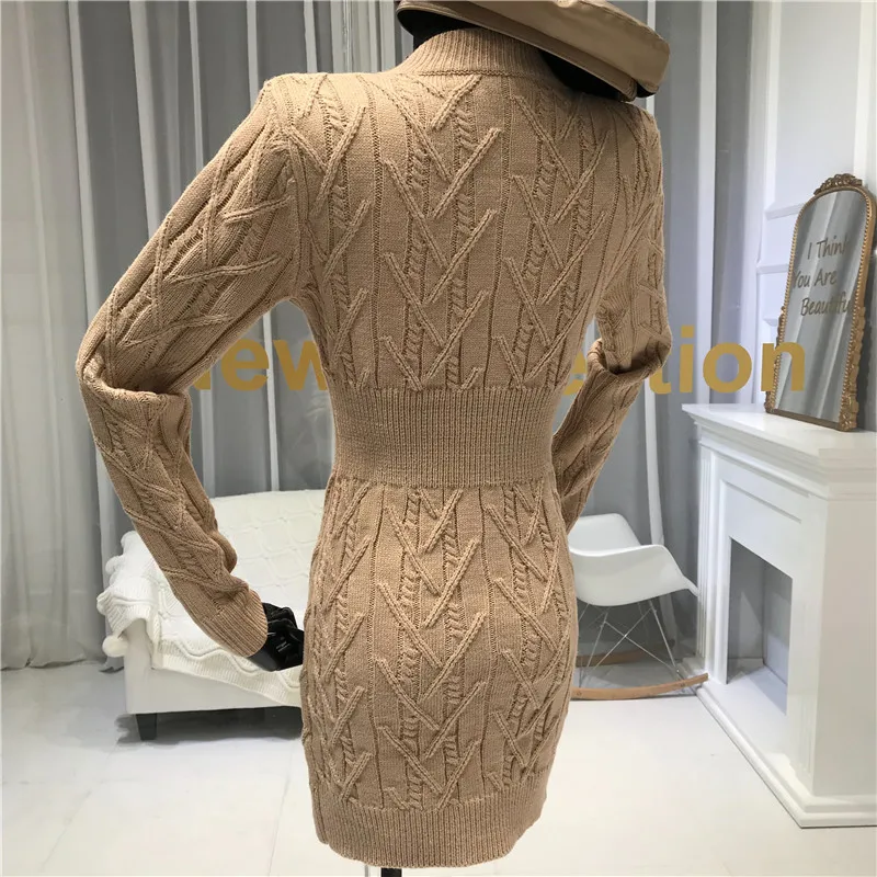 ALPHALMODA зимнее Новое модное двубортное тонкое вязаное платье, женское стрейчевое платье-свитер с длинным рукавом