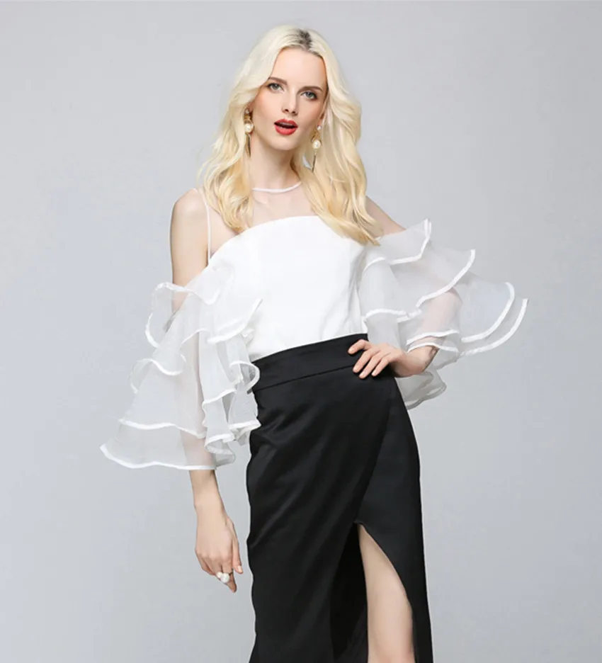 Urumbasa женская блузка с открытыми плечами Весенняя сетчатая рубашка с расклешенными рукавами Топы