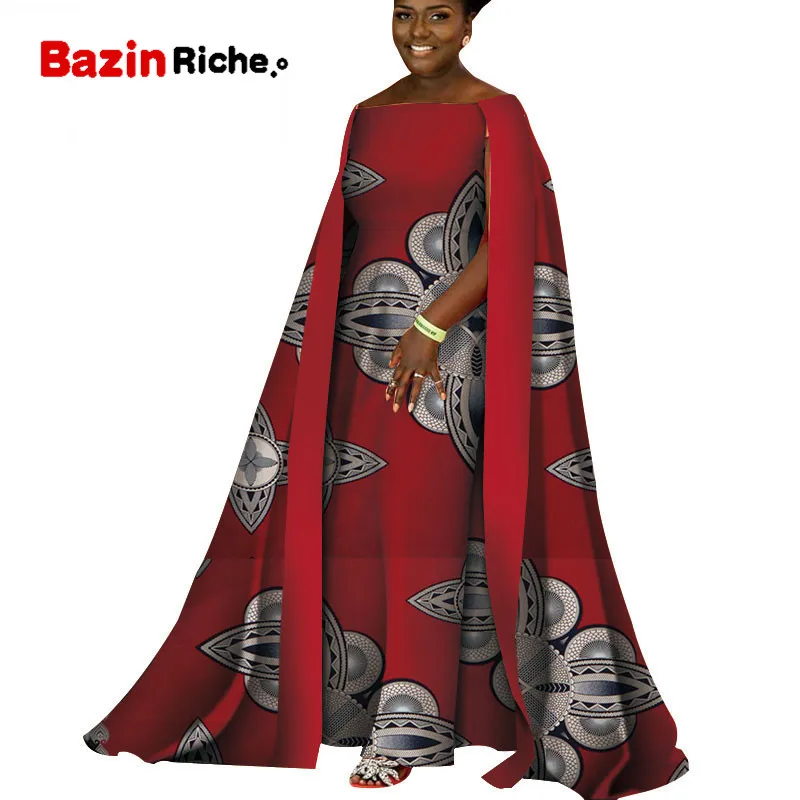 Женская одежда в африканском стиле модные женские платья элегантные Африканские Восковые принты Bazin Riche вечерние платья в пол с накидкой WY4332