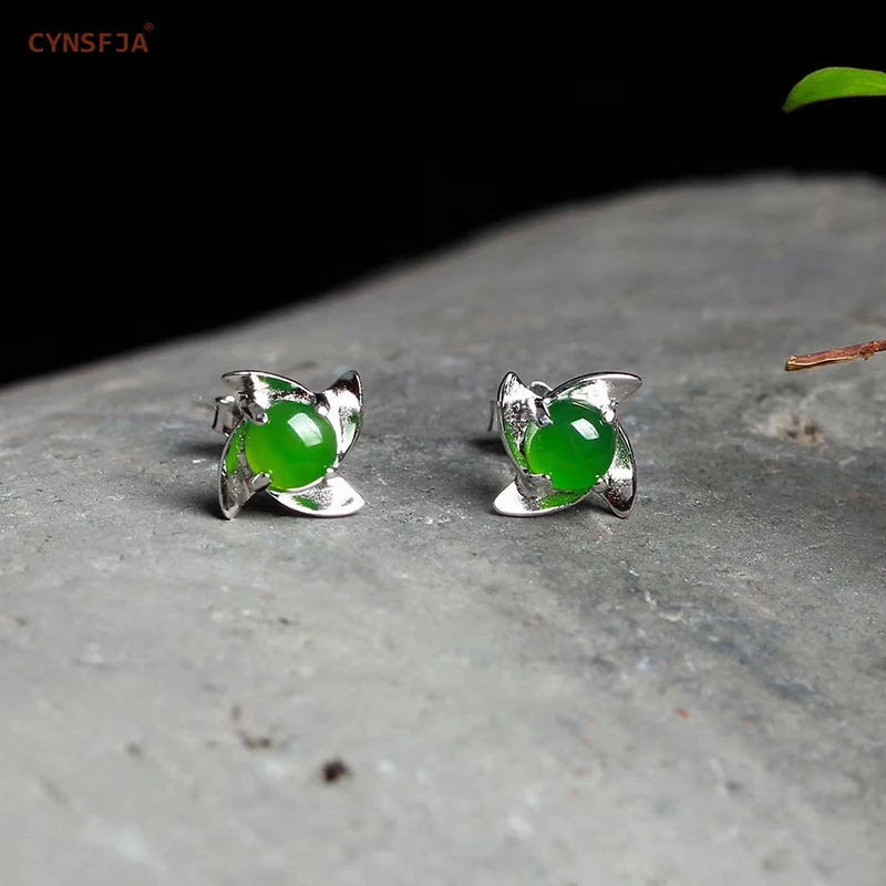 

CYNSFJA Real Certified Natural Hetian Jasper 925 Sterling Silver Fine Jewelry Amulet Green Jade Earrings High Quality Best Gift