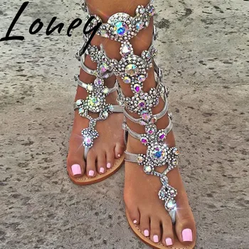 

OllyMurs Ne Jewel Diamond Floral Narrow Band Summer Sandals Beach Vacation Mid Calf Gladiator Sandals Shoes Women