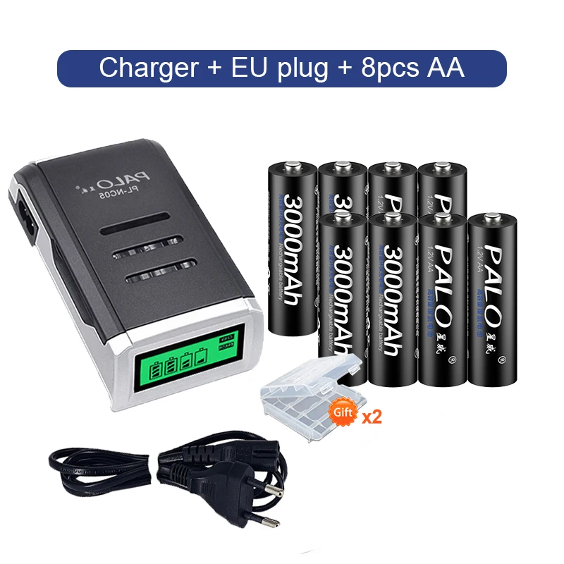 PALO 1 2 V Ni MH AA Аккумуляторная Батарея 3000mah aa батареи + LCD Смарт зарядное устройство