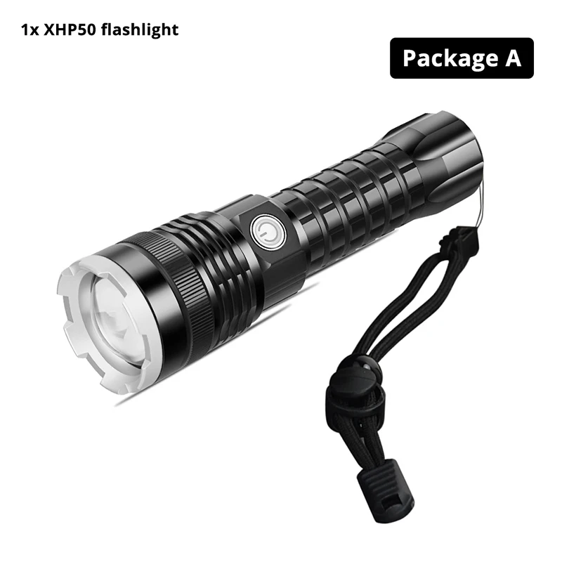Package A Мощный светодиодный светильник XHP50 с usb-зарядкой, водонепроницаемый, с зумом, 4 режима, тактический фонарь, уличный охотничий светильник, с помощью батареи 26650 - Испускаемый цвет: Package A
