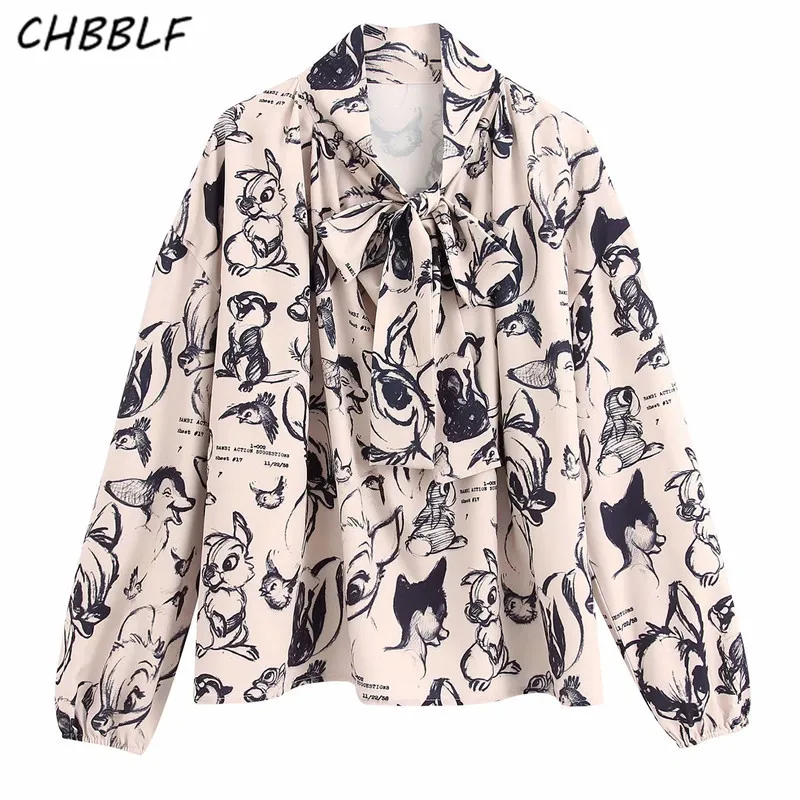 

CHBBLF women chic print blouse bow tie collar long sleeve sweet shirt female stylish office wear tops blusas BGB2071
