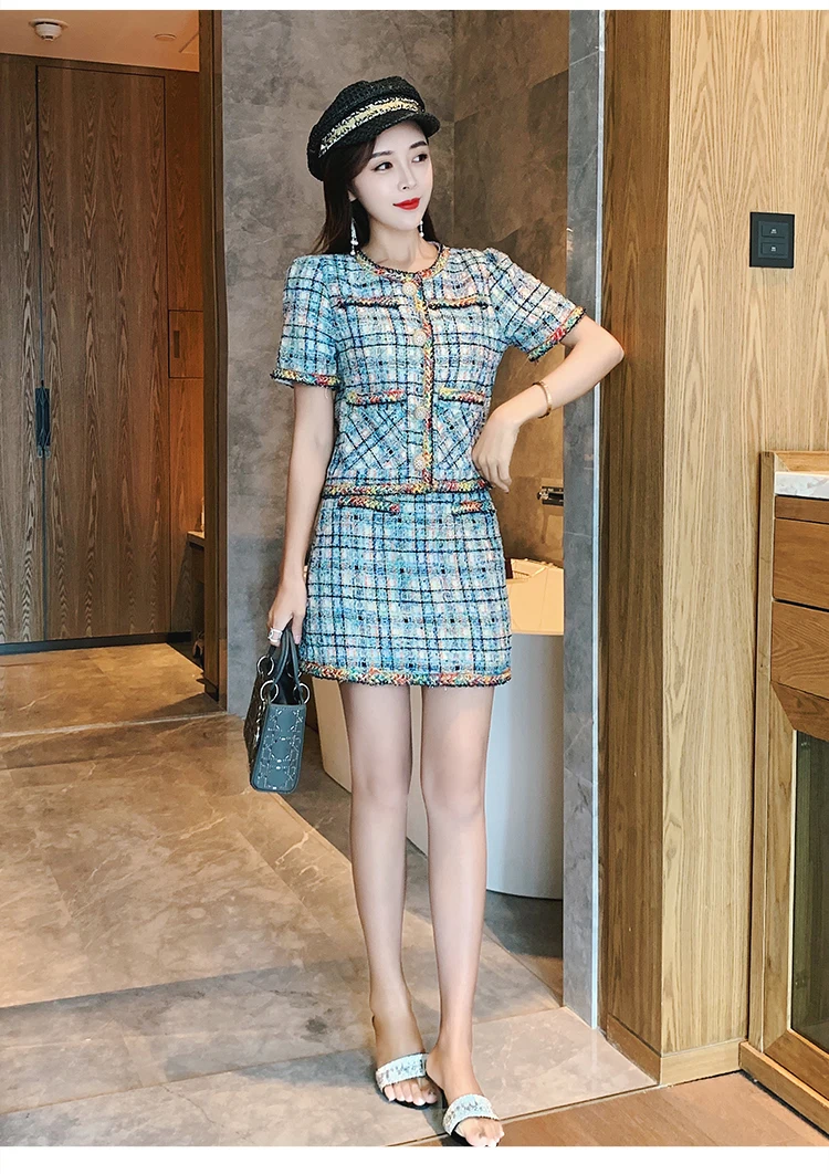 Autumn Tweed 2 Piece Set Suit Women Weave Plaid Button Pocket Short Jacket Coats+ Mini Pencil Skirt Set Two Piece Outfits
