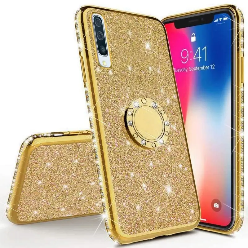 Алмазный чехол для samsung Galaxy A70 A60 A50 A40 A30 A20 A10 A80 чехол для samsung Galaxy M30 M20 M10 блестящее кольцо Kickstand чехол - Цвет: Gold