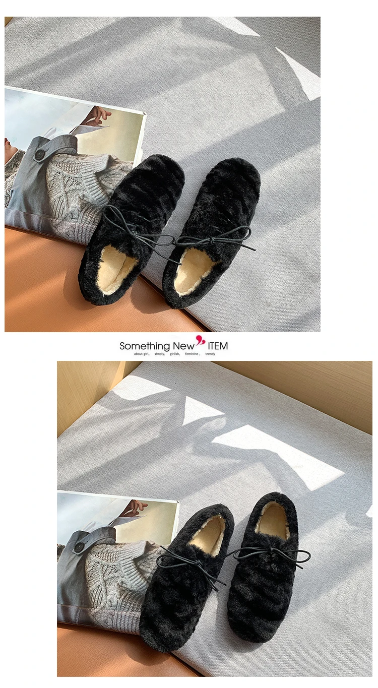Solid brief furry shoes woman lace-up comfy flats velvet plush warm loafers femme round toe moccasins brand korean lazy footwear