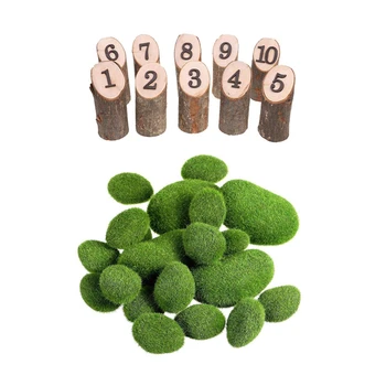 

10x Rustic 1-10 Wooden Table Numbers & 20 Pieces 2 Sizes Artificial Moss Rocks Decorative Faux Green Moss Covered Stones