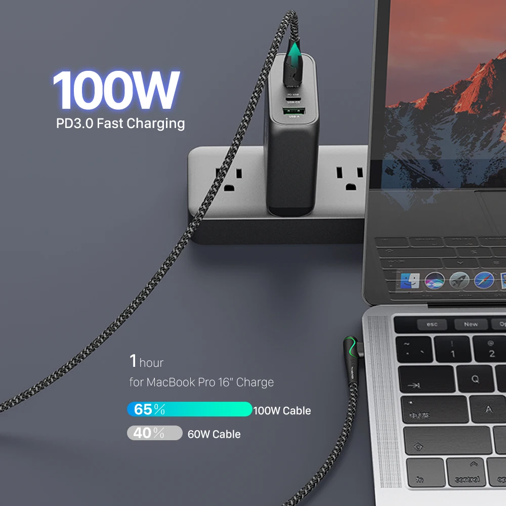 Enhanced Title: Premium 10ft USB C to USB C Cable with LED 7-Color Display and 90° Elbow Design, 100W Power Delivery, Nylon Braided Cord