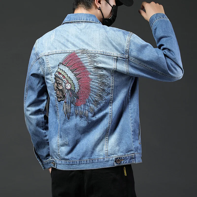 Vintage Embroidered Indian Denim Jacket 2020 New Men's Slim Cowboy European and American Style Long Sleeve Jeans Coat | Мужская