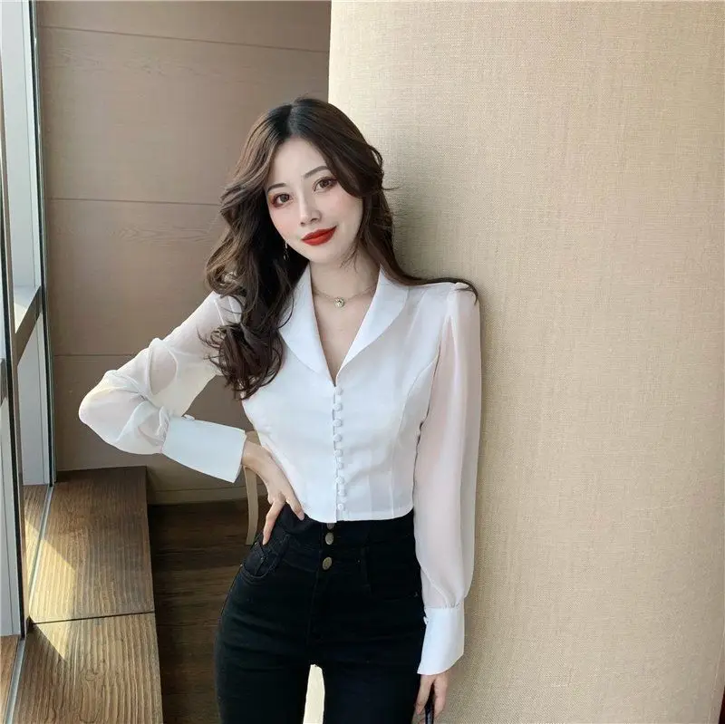 Shirts Women Solid Turn-down Collar Ins Abdomen Cropped Leisure Korean Style Fashionable Ladies Blouses Long Sleeve Stylish Chic