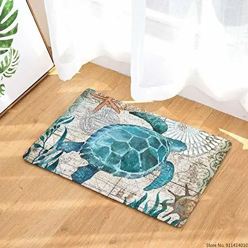 Marine Style Door Mat Floor Carpet For Living Room Sea Turtle Pattern Coral Rug 