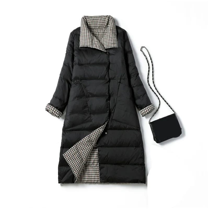 2021 Winter Women Double Sided Down Long Jacket Turtleneck White Duck Coat Breasted Warm Parkas Snow Outwear | Женская одежда