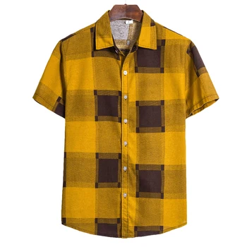 

CYSINCOS Men's Casual Button Plaid Print Beach Short Sleeve Top Blouse camisa Turn-Down Collar shirt men camisas hombre