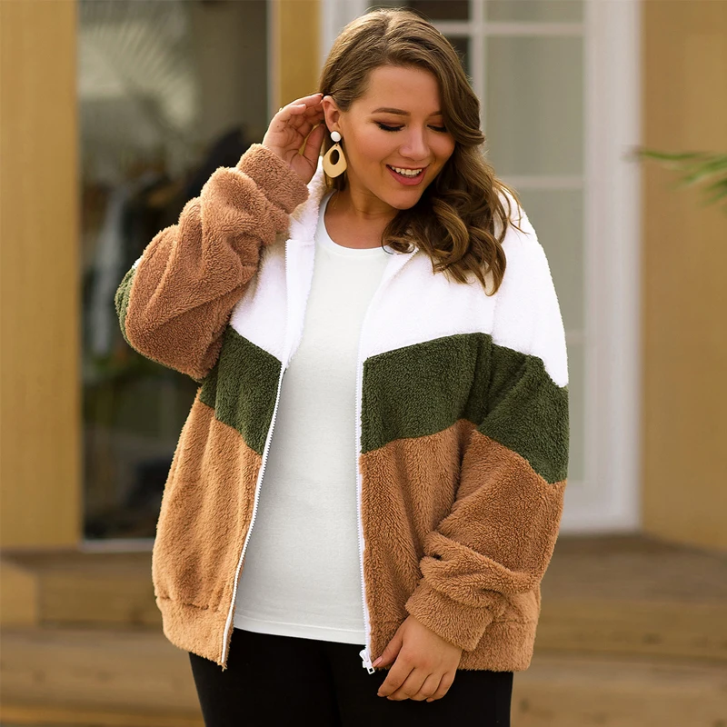 

Laughido Plus Size Fall Fashion Plush Zipper Open Stich Coat Women Loose Winter Warm Jacket Soft Tops Patchwork With Hat Manteau