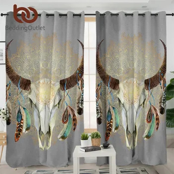 

BeddingOutlet Skull Feathers Living Room Curtain Tribal Blackout Curtains For Kitchen Bohemian Floral Drapes 1pc cortinas