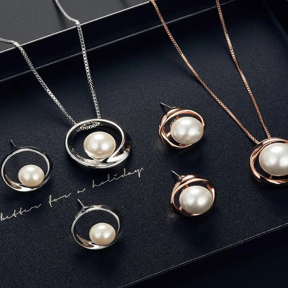 Women Jewerly Set Faux Pearl Round Pendant Necklace Stud Earrings Wedding Party Jewelry boucle oreille femme серьги | Украшения и