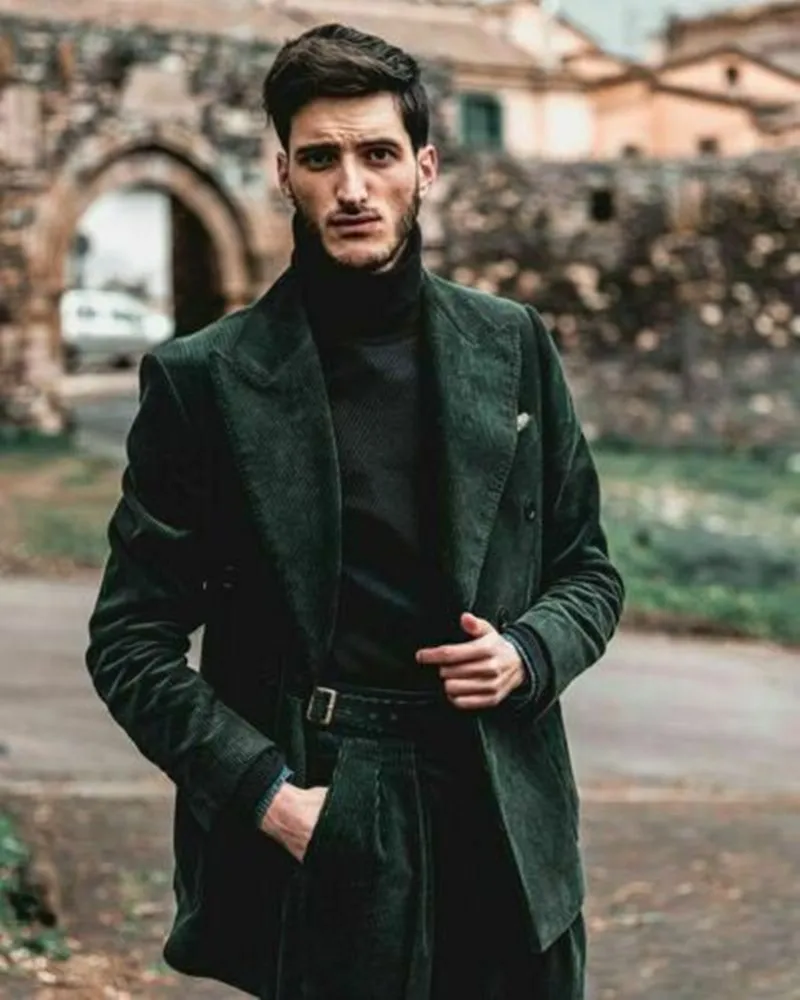 Men Green Corduroy Tailor-Made 2 Pieces Wedding Tuxedos Slim Fit Double Breasted Jacket Business Suit Formal Prom Tailored