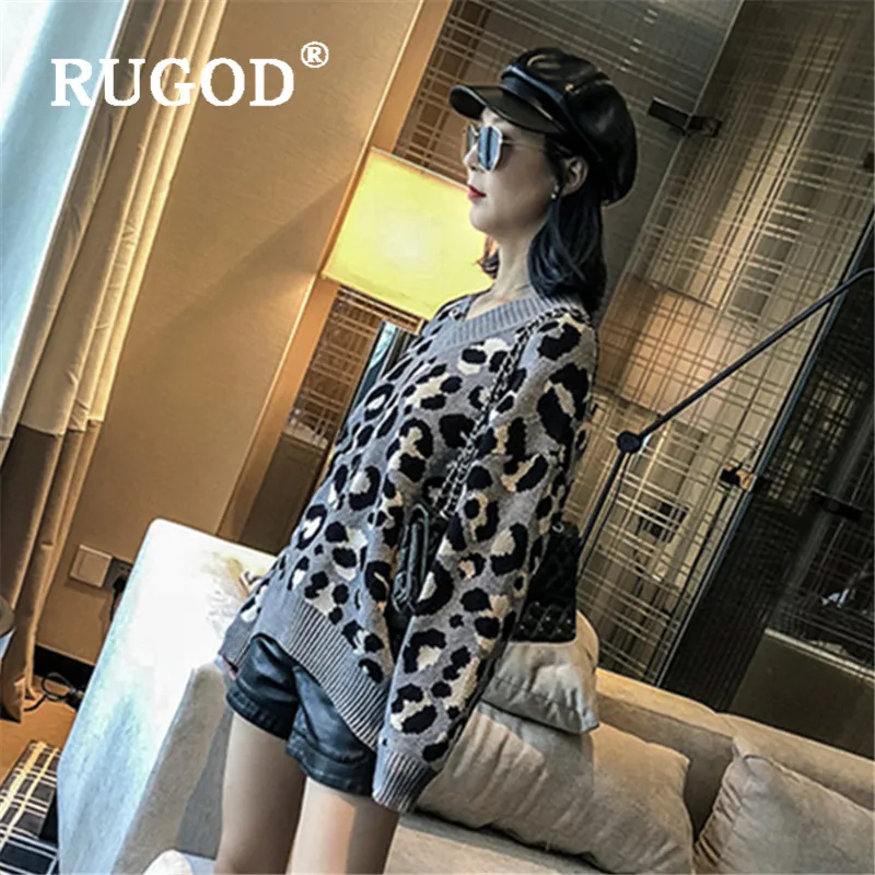 RUGOD, Новое поступление, осенний свитер с леопардовым узором, женский свободный вязаный свитер с v-образным вырезом, пуловеры, Модный женский темперамент