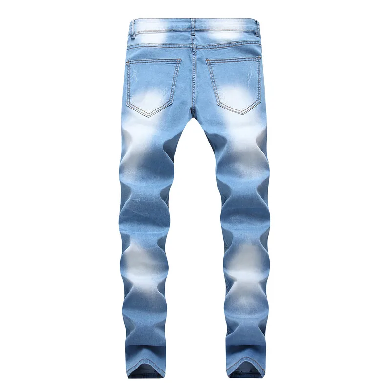 Men Stretchy Pencil Pant Ripped Hole Frayed Decor Slim Fit Denim Jeans Trousers