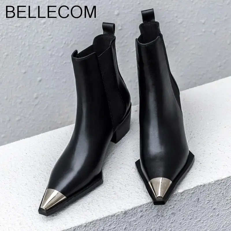 

BELLECOM Genuine Leather Short Boots shoes Woman Black White Coarse With Personality Metal Head Chelsea Boots Thin Boots Tide