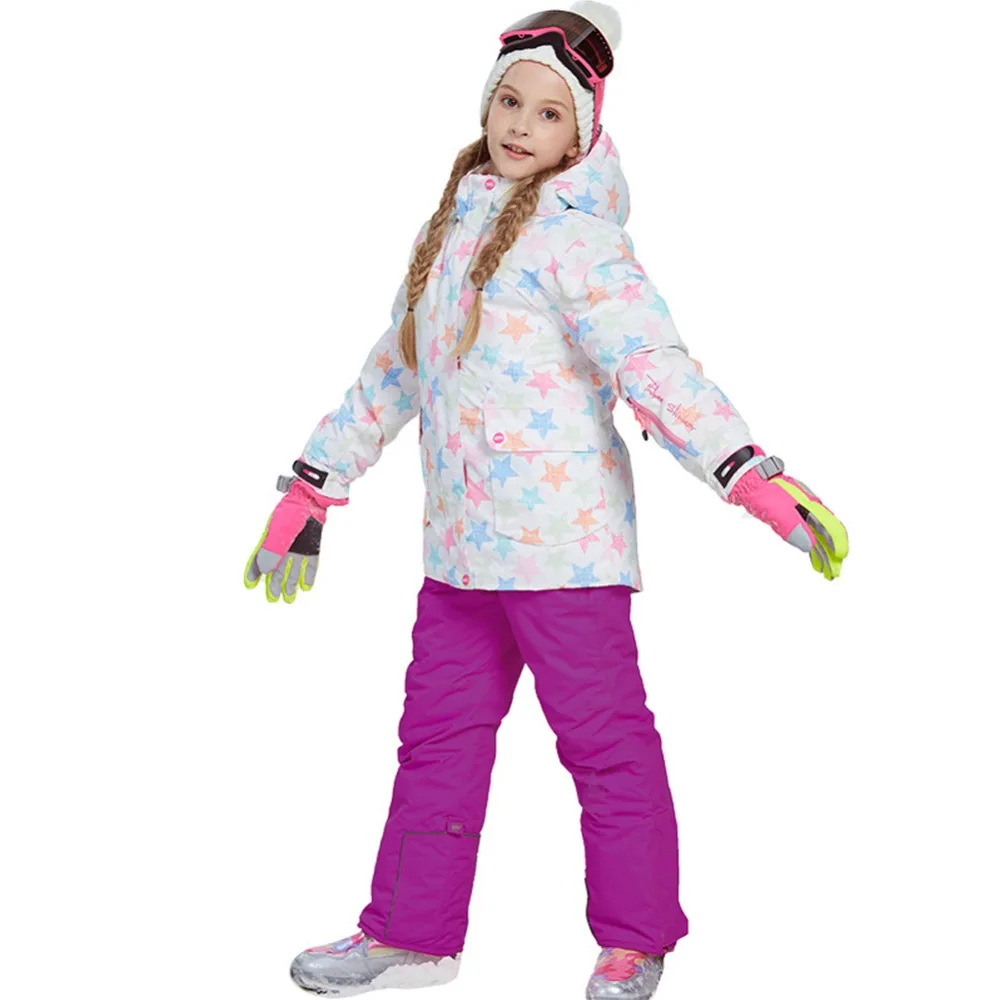 Лыжный комплект для девочек, уличная водонепроницаемая ветрозащитная зимняя Лыжная куртка со звездами+ комбинезон, Детские теплые лыжные костюмы