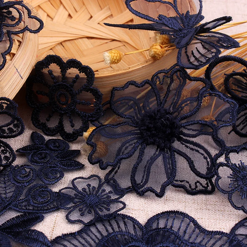 Темно-синие кружевные нашивки с вышивкой для одежды из органзы с аппликацией в виде цветов и бабочек для одежды, джинсовое платье, сделай сам, в полоску