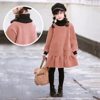 

Warm High Neck Teenage Princess Girl Dress Winter Autumn 2019 Pockets Velvet Ruffles Long Sleeve Girl Dress Little Kids Clothing