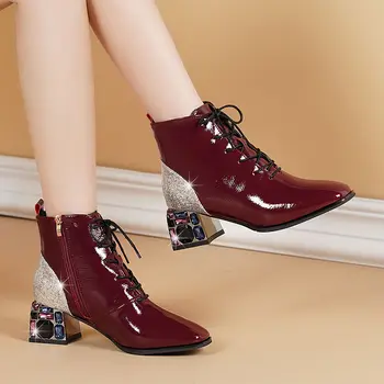 

Spring/Fall Shoes Woman 2020 Ankle Boots Rhinestone Block Heel Soft Leather Boots Female Booties Sequins Zip Large Size BLACK