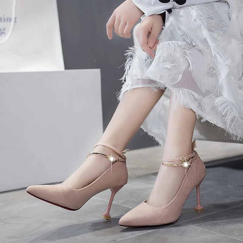 

Small New Style High Heel Shoes Pointed-Toe 2019 Fresh Spring And Autumn Shoes Solid Color Versatile Metal A- line Buckle Thin H