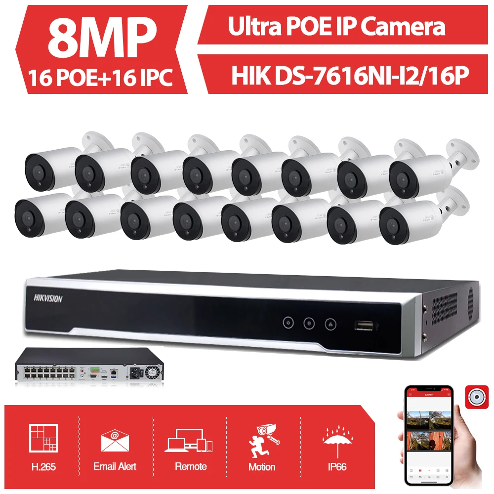 16CH комплект системы видеонаблюдения ультра 8MP наружная камера безопасности POE с Hikvision 8 POE NVR DS-7616NI-I2/16 P комплект видеонаблюдения