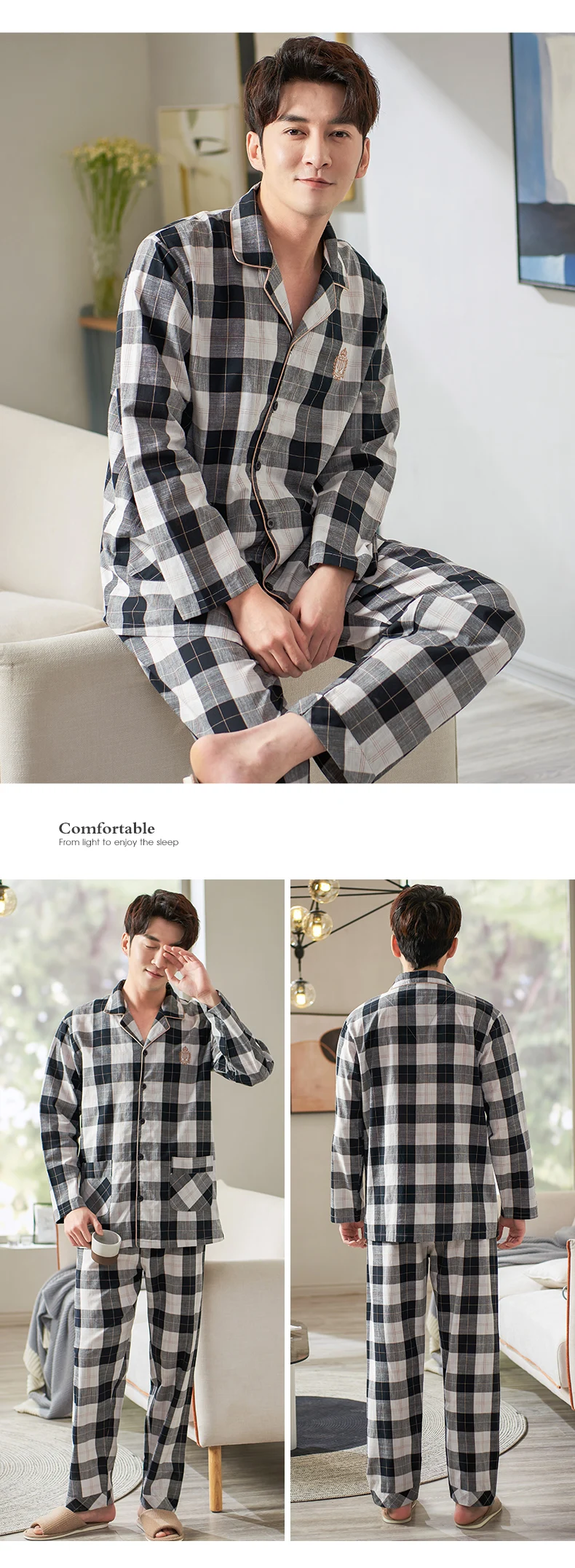 mens sleepwear set Men Woven Full Cotton Pajamas Plus Size Plaid Pajamas Sets Sleepwear Long Sleeve Tops + Long Pants Pajamas Home Clothing Pyjamas mens designer pjs