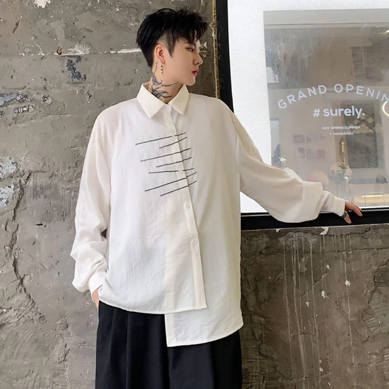 Men Long Sleeve Embroidery Irregular Casual Black White Shirt Male Streetwear Hip Hop Gothic Japan Dress Shirt