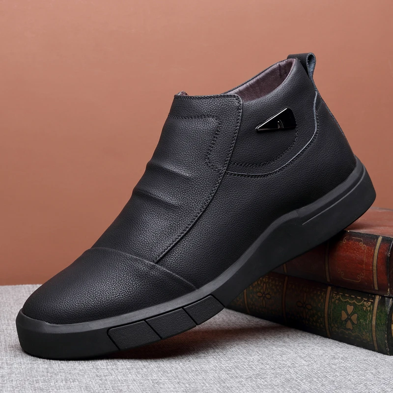 Зимние ботинки из спилка мужские повседневные Нескользящие ботинки на овечьем меху износостойкая теплая обувь с высоким берцем в британском стиле M6001 - Цвет: grain leather
