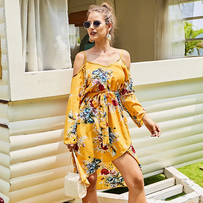 Женское платье с цветочным принтом Boho желтое повседневное Ассиметричное поясом