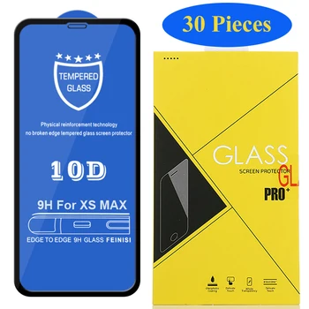 

30pcs 10D Tempered Glass For iPhone 11 Pro Max XS XR X 8 7 6 6S Plus SE 2020 Full Cover Curved Screen Protector With Yellow Box