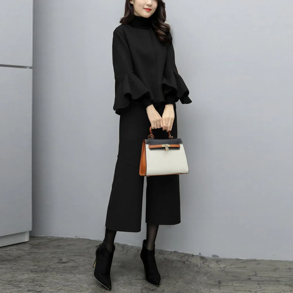 

Two Piece Set Korean Solid Ruffled Wool Coat And Wide Legs Long Pants Spring Women Sets Office Ladies Causal Suit Black Outfits