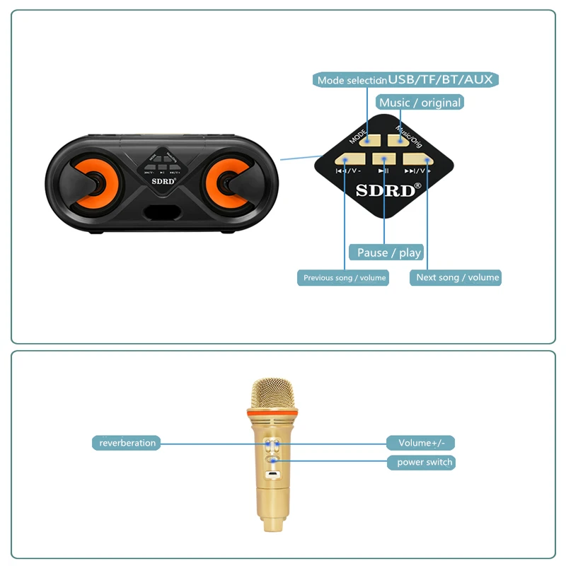 Boxă Bluetooth duală SD303 cu 2 microfoane wireless, pentru exterior, familie, KTV, microfon stereo, sunet puternic, 20W, set de boxe SDRD SD 303_voghion.com