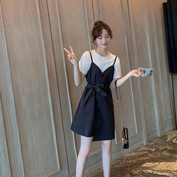 

Spring Fashion Casual Summer Sexy Short Sleeve Solid T Shirt + Midi Camisole Dress 2PCS/Set