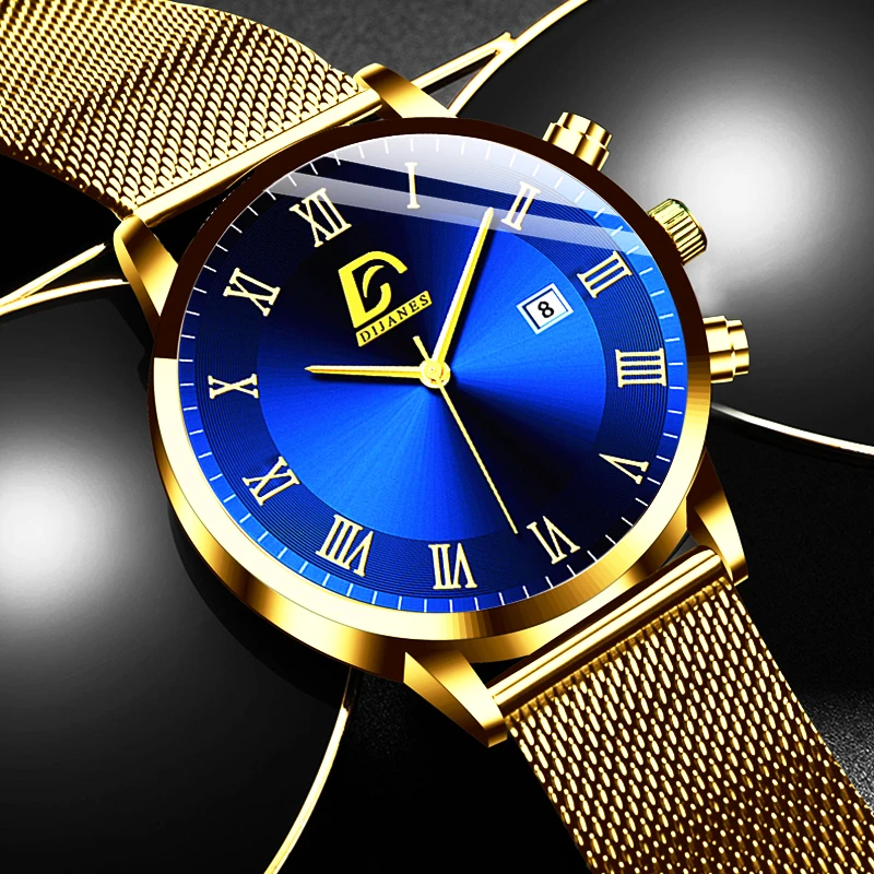 Relojes minimalistas para hombre, pulsera de cuarzo con correa de malla de acero inoxidable, de lujo, informal, de negocios, masculino