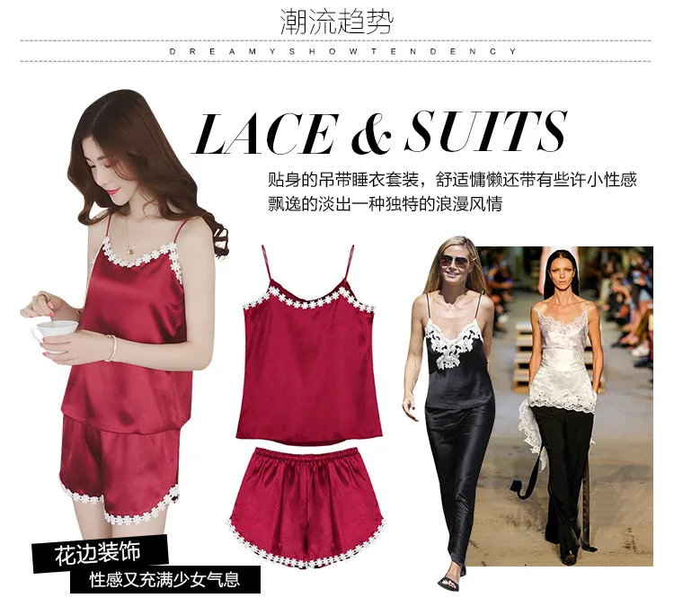 Spring Summer Imitated Silk Fabric Spaghetti Strap Pajamas Women's Korean-style Piece Sexy Home Wear Large Size Vest Shorts-Oute