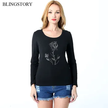

BLINGSTORY Autumn Casual Funny T Shirts Women Basic Tops O-neck Long Sleeve Diamond Plus Size Tee S-6XL