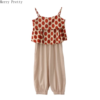 

Womens Two Piece Set Polka Dot Sleeveless Camis Hight Waist Solid Ankle Length Wide Leg Pants 2020 Spring Crop Top And Pants