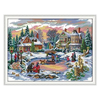 

Winter Scenery Happy Christmas Cross Stitch Printed Fabric Embroidery Kits 11CT 14CT DIY Handmade Needlework Home Decor Painting