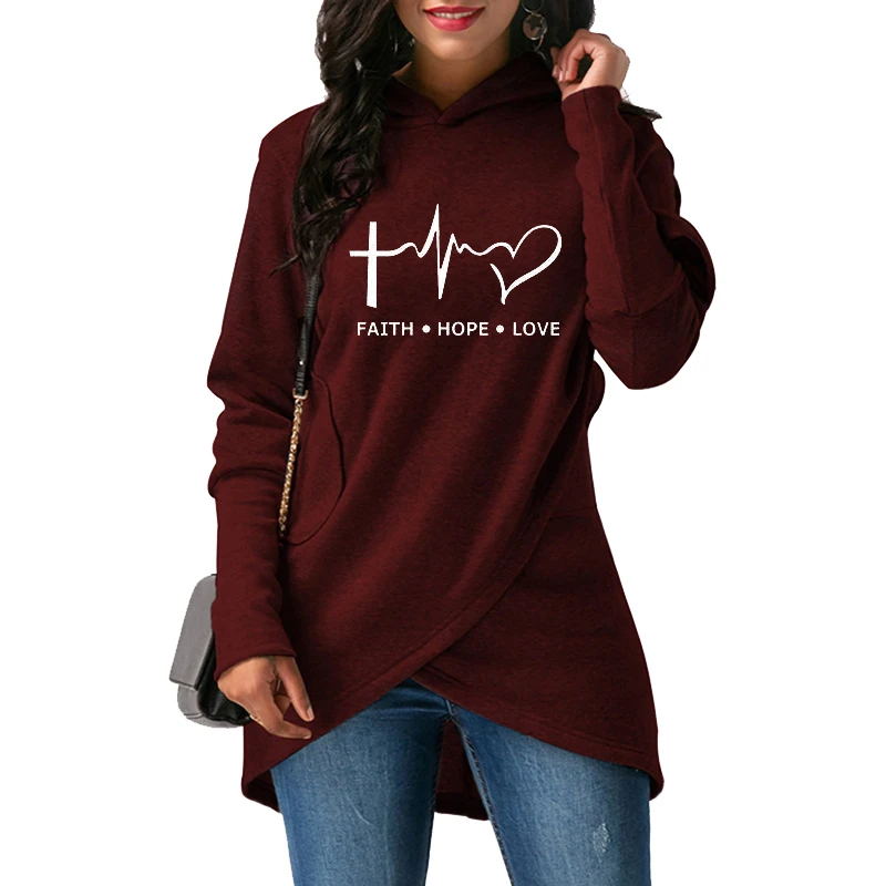 Autumn Winter Women Hoodies Sweatshirts Casual Plus Size Faith Printed Hooded Sweatshirt Female Loo