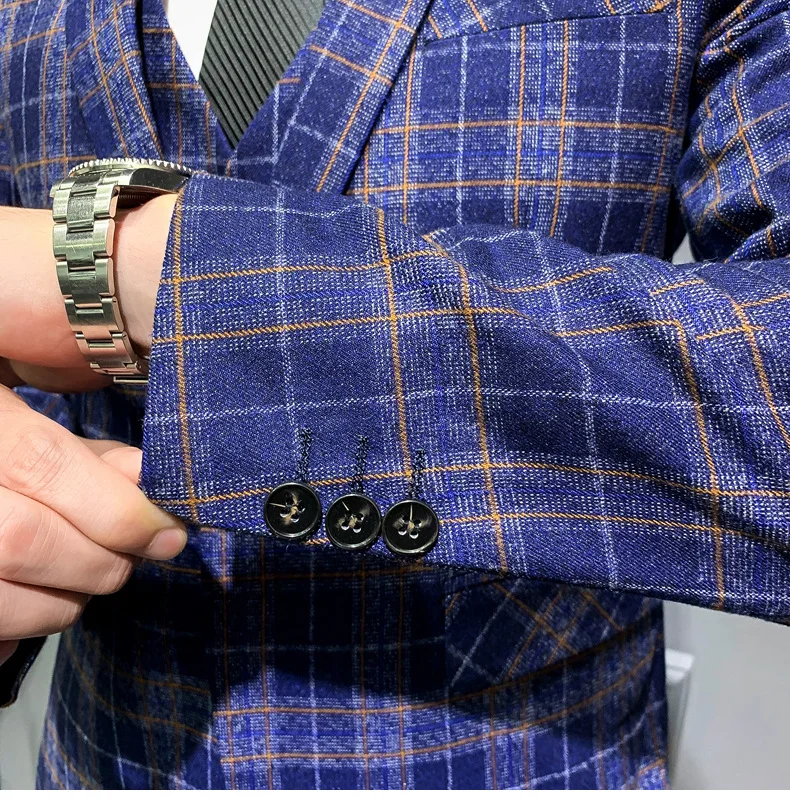 Черный, серый, синий клетчатый костюм для мужчин Slim Fit Свадебное платье для мужчин из трех частей s двойные приталенные пиджаки сценическое элегантное платье Q763