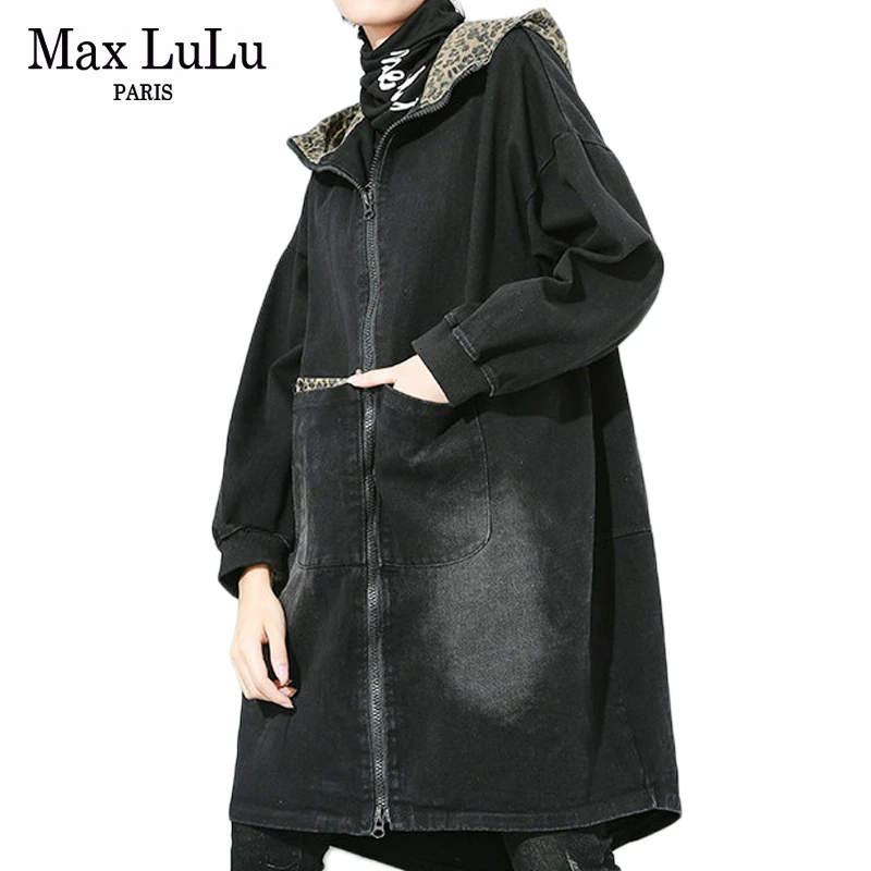 Max LuLu Fashion Korean Ladies Punk Oversized Clothes Womens Hooded Leopard Denim Trench Coats Vintage Black Long Windbreakers