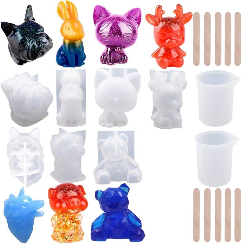Формы из смолы для животных, DIY3D набор инструментов для литья из смолы для животных включает в себя 7 ПОЛИМЕРНЫХ силиконовые формы для выпечки в виде животных 2 мерных стакана 10 деревянных палочек