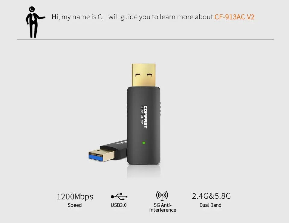 Comfast 1200 Мбит/с двухдиапазонный беспроводной USB3.0 Wifi ключ адаптер 802.11a/g/n/ac AC1200 Беспроводная сетевая Lan Карта-913ACV2